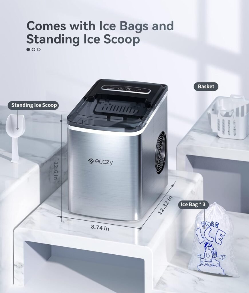 ecozy Portable Countertop Ice Maker - 9 Ice Cubes in 6 Minutes, 26 lbs Daily Output, Self-Cleaning with Ice Bags, Scoop, and Basket for Kitchen, Office, Bar, Party - Black