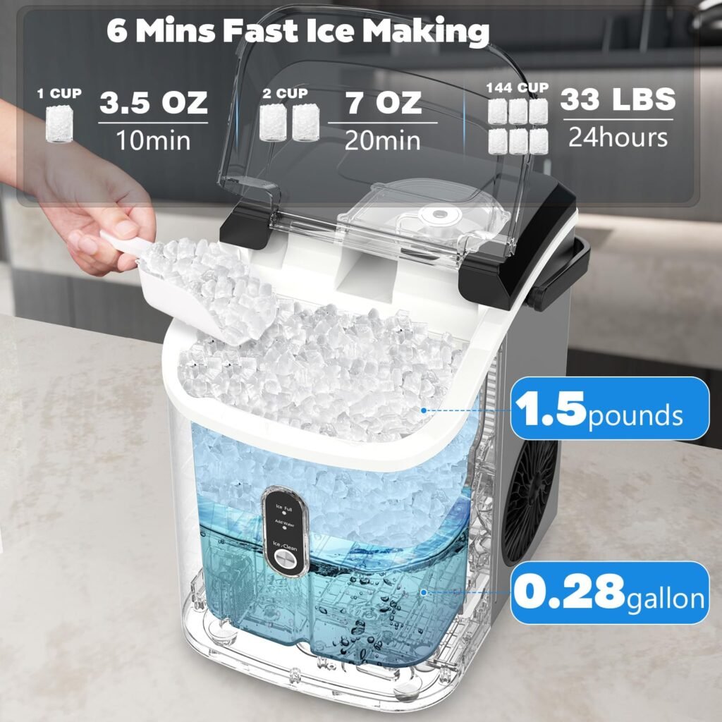 Kndko Nugget Ice Maker Countertop,Crushed Ice Maker with Chewable Ice,Fast Ice Making 35Lbs/Day, Self Cleaning Countertop Ice Maker, Removable Top Cover, One-Click Design,Stainless Steel Ice Machine