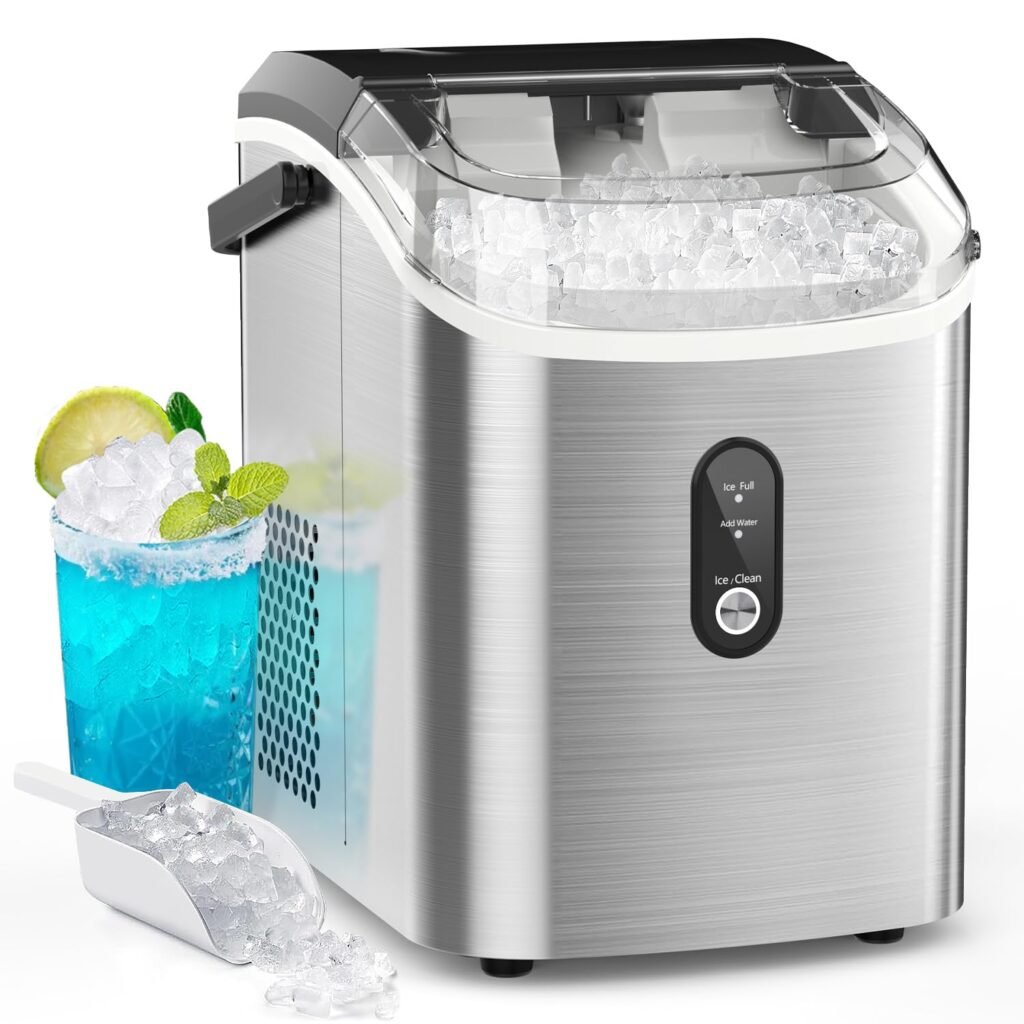 Kndko Nugget Ice Maker Countertop,Crushed Ice Maker with Chewable Ice,Fast Ice Making 35Lbs/Day, Self Cleaning Countertop Ice Maker, Removable Top Cover, One-Click Design,Stainless Steel Ice Machine