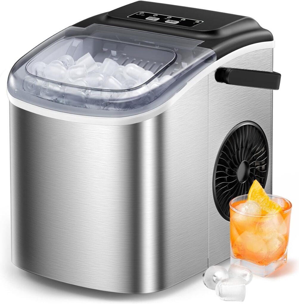 Silonn Countertop Ice Maker, 9 Cubes Ready in 6 Mins, 26lbs in 24Hrs, Self-Cleaning Ice Machine with Ice Scoop and Basket, 2 Sizes of Bullet Ice, Stainless Steel