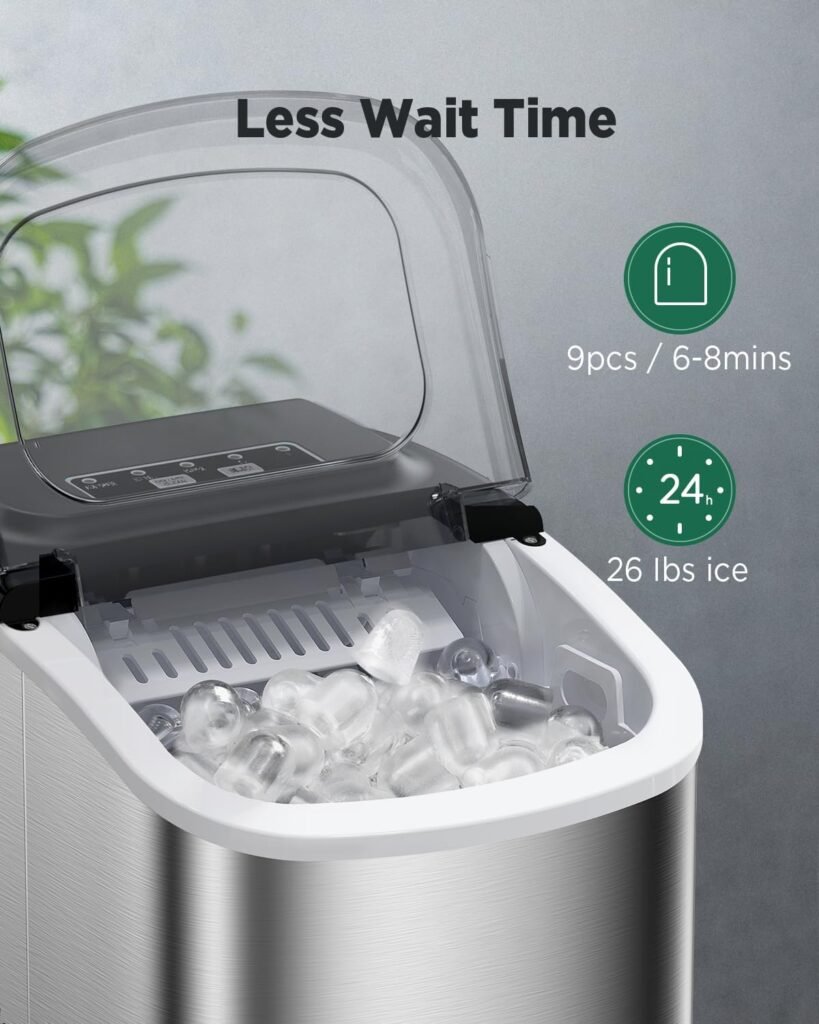 Silonn Countertop Ice Maker, 9 Cubes Ready in 6 Mins, 26lbs in 24Hrs, Self-Cleaning Ice Machine with Ice Scoop and Basket, 2 Sizes of Bullet Ice, Stainless Steel