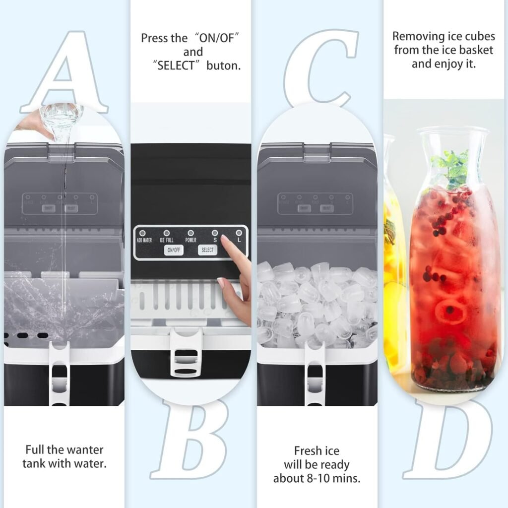 ZAFRO Countertop Ice Maker,Portable Ice Machine with Carry Handle,Self-Cleaning,Basket and Scoop,9 Cubes in 6 Mins,26.5lbs/24Hrs,2 Sizes of Bullet Ice,for Home,Kitchen,Party,Black